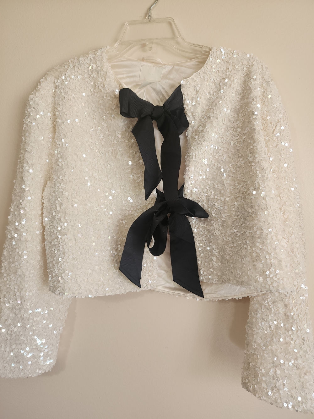H&M White Sequin Cropped Jacket with Black Ribbon Bows